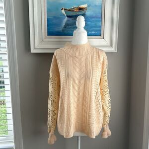 Boho Cream Yellow Fall Crocheted Lace Turtleneck Sweater medium